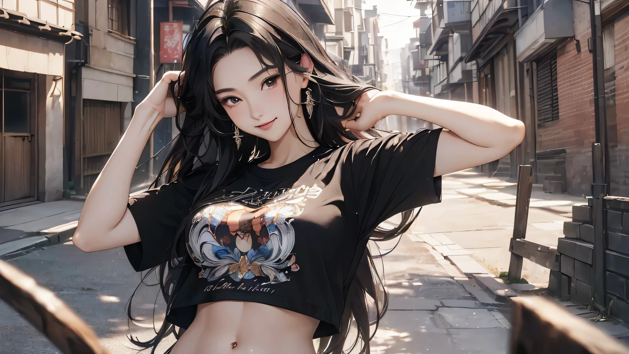 (masterpiece:1.3, highest quality, ultra high resolution, super detailed), (realistic, photorealistic:1.4)(highest quality, masterpiece:1.2), perfect body, slim waist, nice chest, (A woman wearing an off-the-shoulder printed sweatshirt down to her navel),, Beanie hat, skirt, Quiet alley, lively