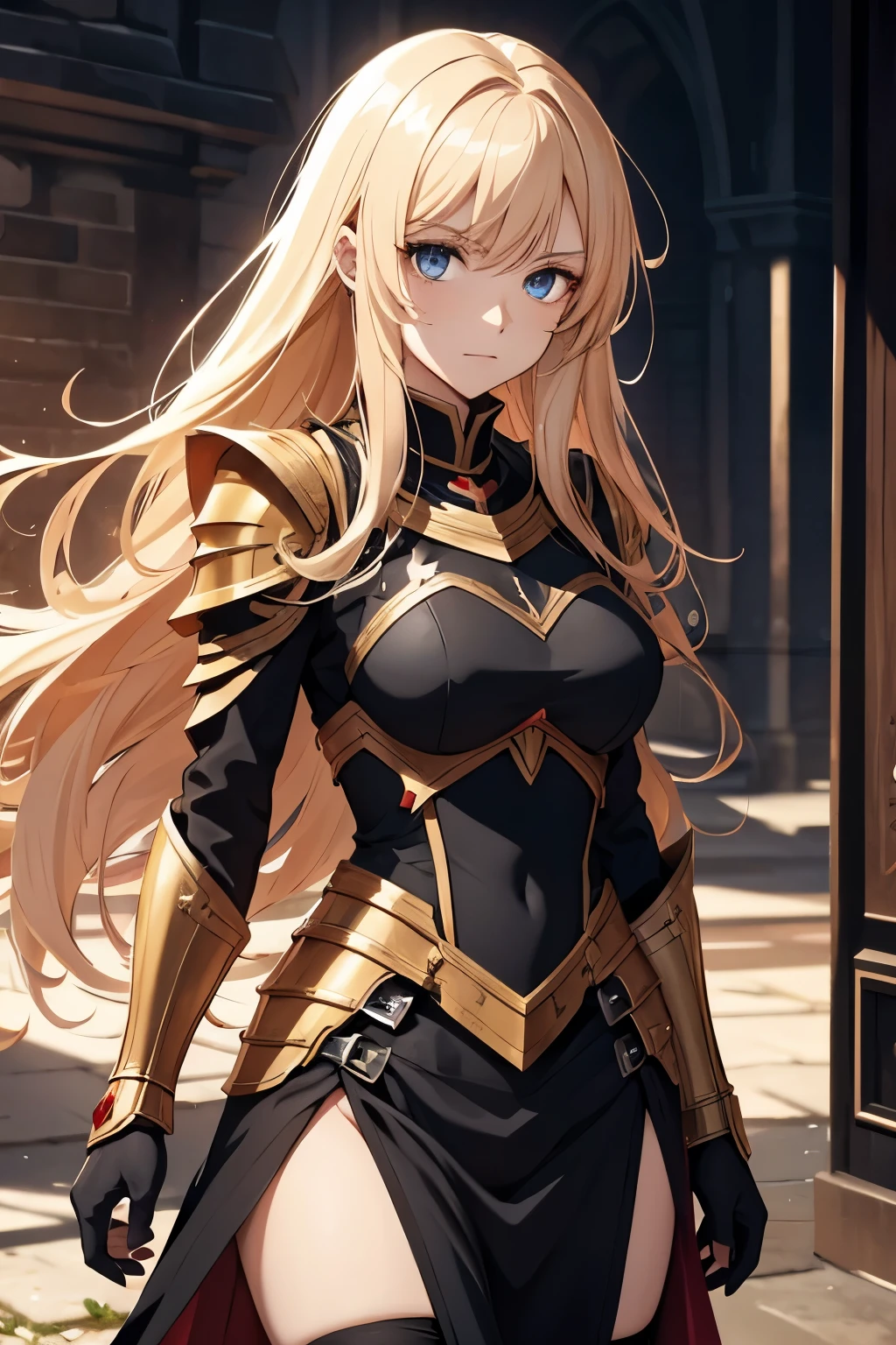 schlanke junge frau, rote lange haare, gold-black knight armor, anime stil,