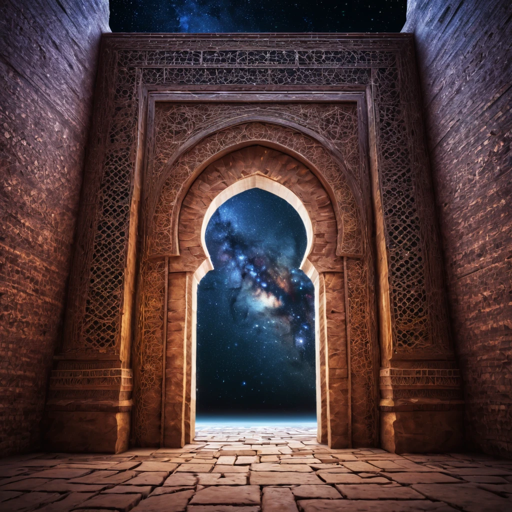 forgotten gateway of time and space, morocco, magical, starry sky, magical flashes coming from the door of the future and the past, ancestral morocco, technological, 3d crackle, we can see the future through the ancestral gateway