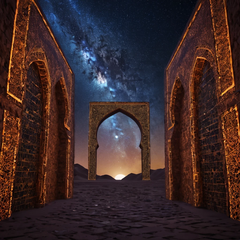 forgotten gateway of time and space, morocco, magical, starry sky, magical flashes coming from the door of the future and the past, ancestral morocco, technological, 3d crackle, we can see the future through the ancestral gateway