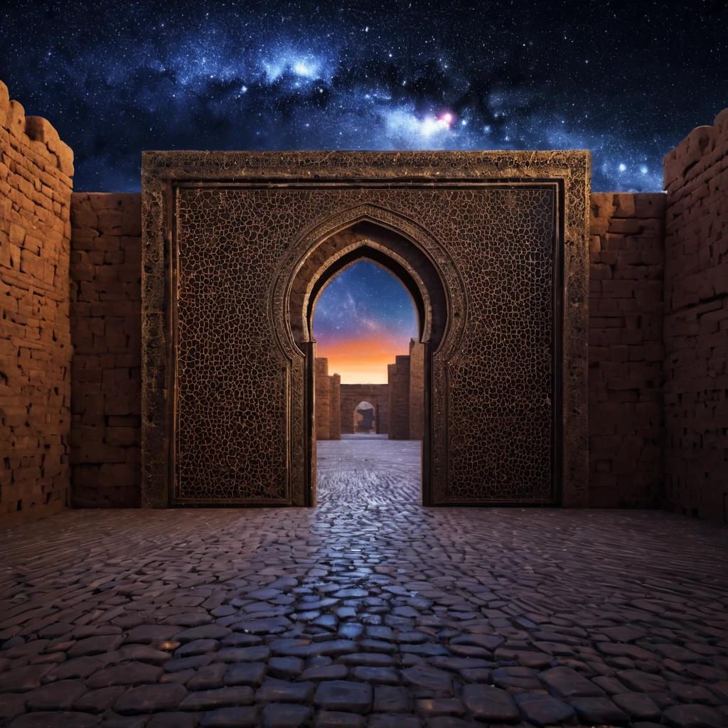forgotten gateway of time and space, morocco, magical, starry sky, magical flashes coming from the door of the future and the past, ancestral morocco, technological, 3d crackle, we can see the future through the ancestral gateway