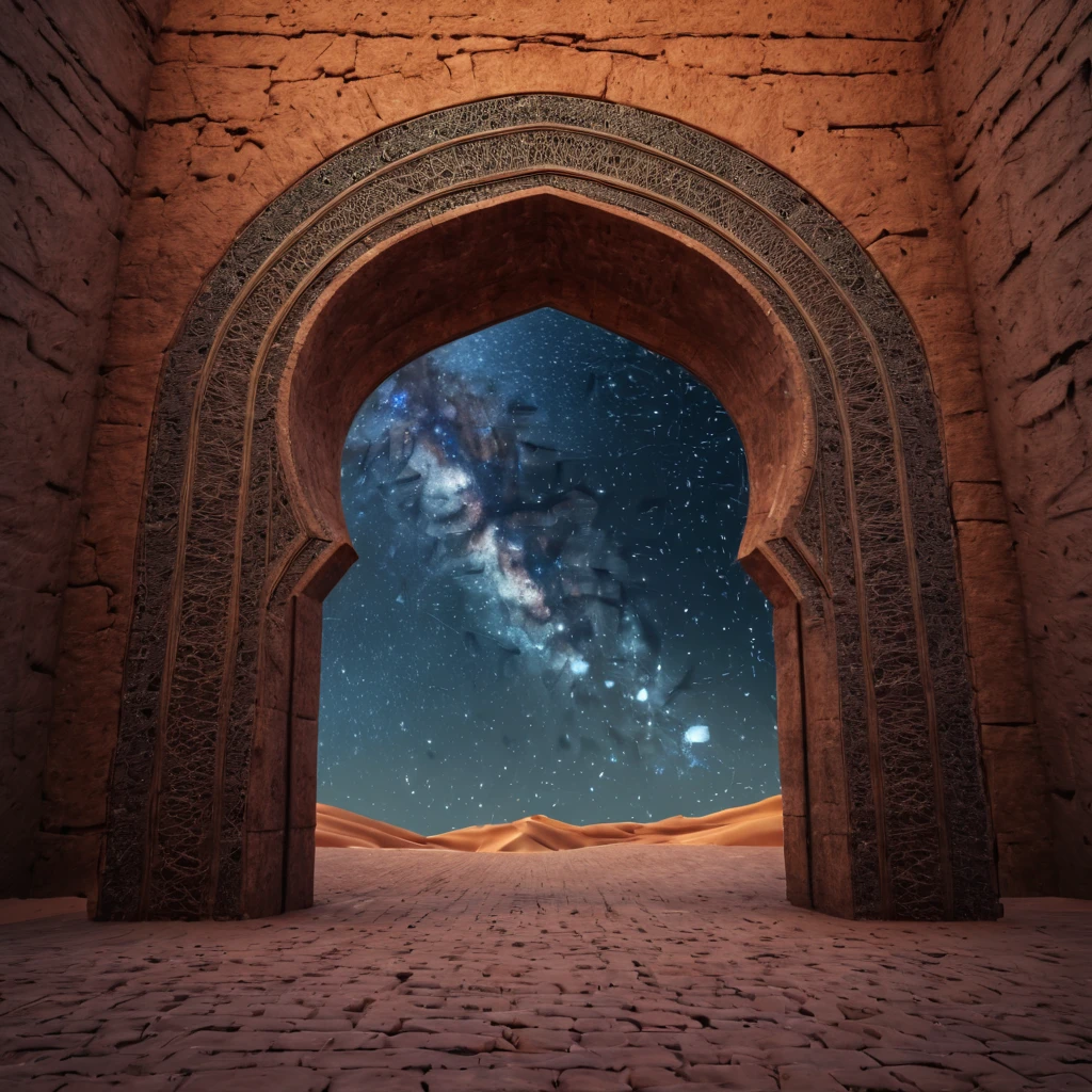 forgotten gateway of time and space, morocco, magical, starry sky, magical flashes coming from the door of the future and the past, ancestral morocco, technological, 3d crackle, we can see the future through the ancestral gateway