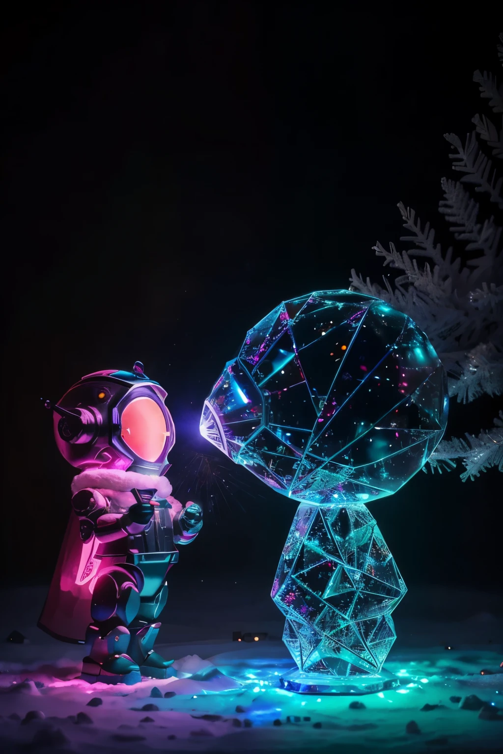 Anthropomorphic Translucent cute alien robot discovering a colossal red crystal heart beneath a Festively adorned Christmas tree, surrounded by glowing snowFlakes casting vibrant reFlections, captured with stunning visual clarity and a broken glass eFFect, 结合体积光, 光环, and vivid color reFlections, 超现实的, 浓烈的色彩, 30mm 镜头光圈为 1/250秒, F/2.8, ISO 1000, 8k分辨率, Featuring iridescent and Fraktal 