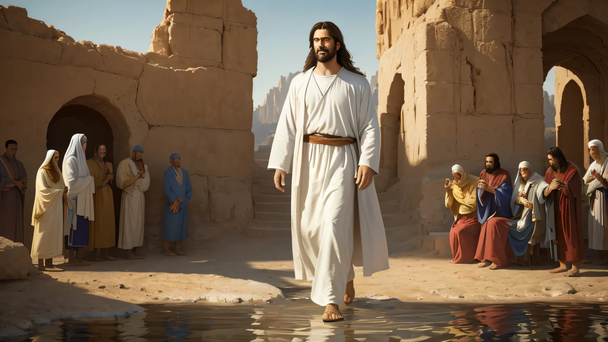 Masterpiece, top image quality, high resolution, depiction of Jesus Christ, Jesus of Nazareth, portrayed by Greg Olsen, The Lord and Savior, casually strolling in the desert with hands in pockets, radiant and welcoming expression, Christian art, beautiful painting, capturing the essence of faith and devotion, Jesus' garments authentically replicated, serene and peaceful atmosphere, a spiritual connection with the viewer, reminiscent of biblical stories, such as walking on water, encapsulating the faith and wonder of Christianity.