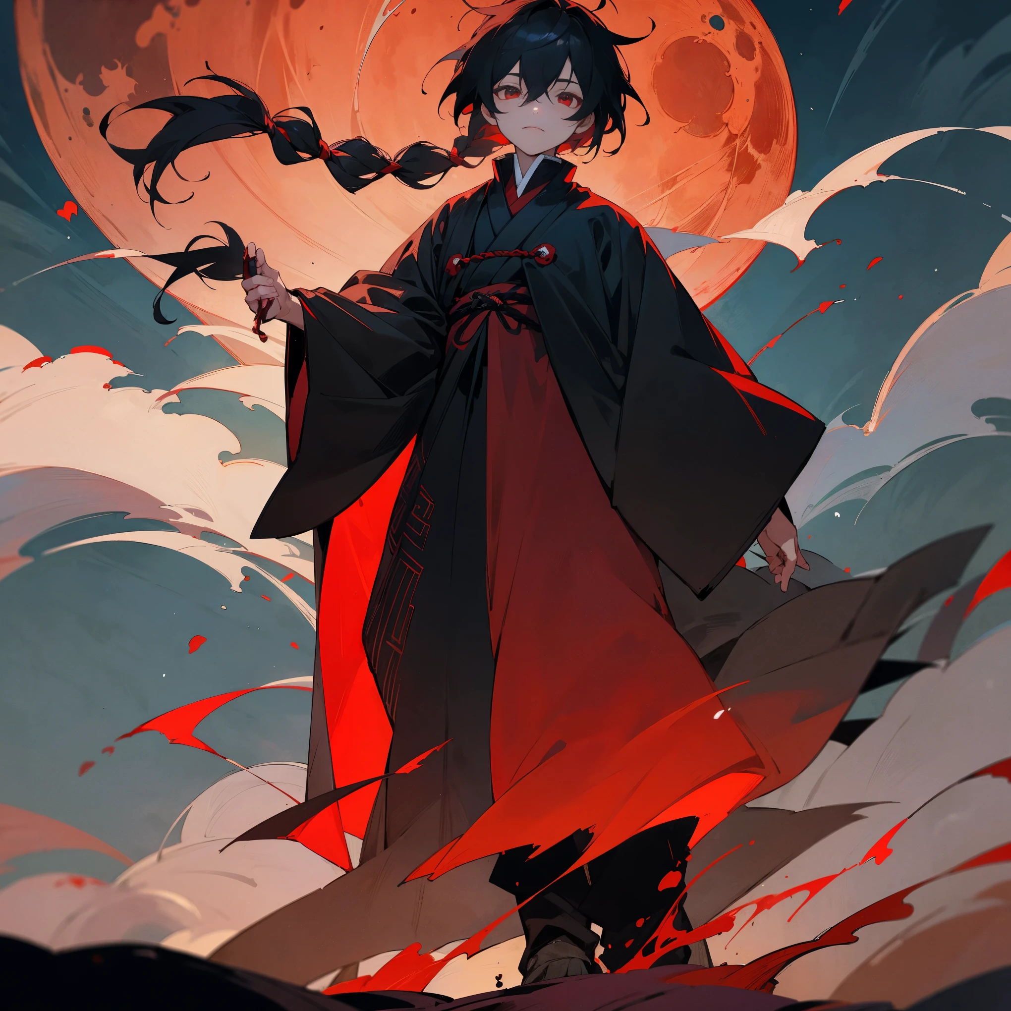 1male, finely detailed red eyes, black and red yukata, short messy black hair with single braid in front, black and red yukata, fur poncho, peasant clothing, night time, blood moon, standing on path, forest, vampire