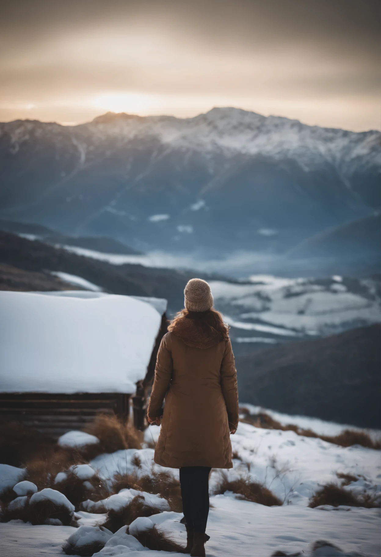 Uma paisagem montanhosa com picos cobertos de neve, enquanto o sol nasce entre as montanhas, iluminando o vale abaixo.