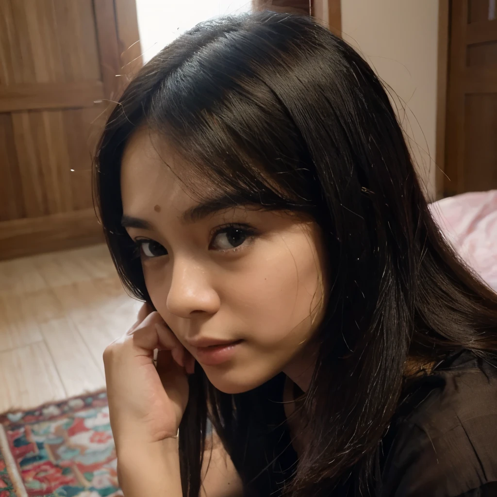 ((best quality)), ((masterpiece)), (detailed), perfect face,wajah oriental,cantik,cute,rambut pendek,kemeja putih kancing terbuka,duduk,tersenyum,sensual,kamar minimalis