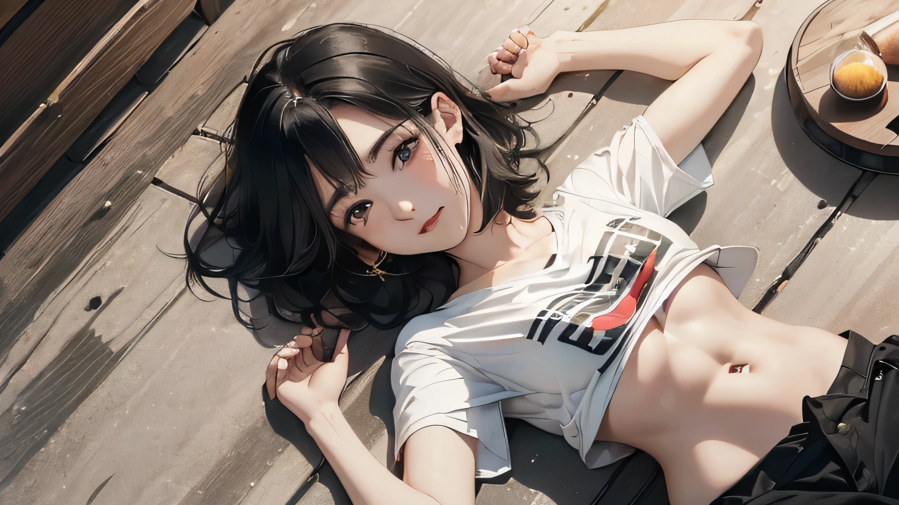 (((Highly detailed CG unit 8k wallpaper:1.2, masterpiece, High resolution:1.2, highest quality:1.2, table top))), ((Very beautiful 20 year old woman, Short T-shirt that shows off your toned belly button:1.5)), ((highly detailed face, Highly detailed black eyes, extra detailed body, highest qualityのリアルテクスチャスキン)), (black haired:1.2, short bob hair:1.2, long haired person, white skin, smile), ((Alley without people, Mileland, Desolate battlefield:1.2)), (high angle:1.2, close, Fisheye:1.1), surreal, digital paint,