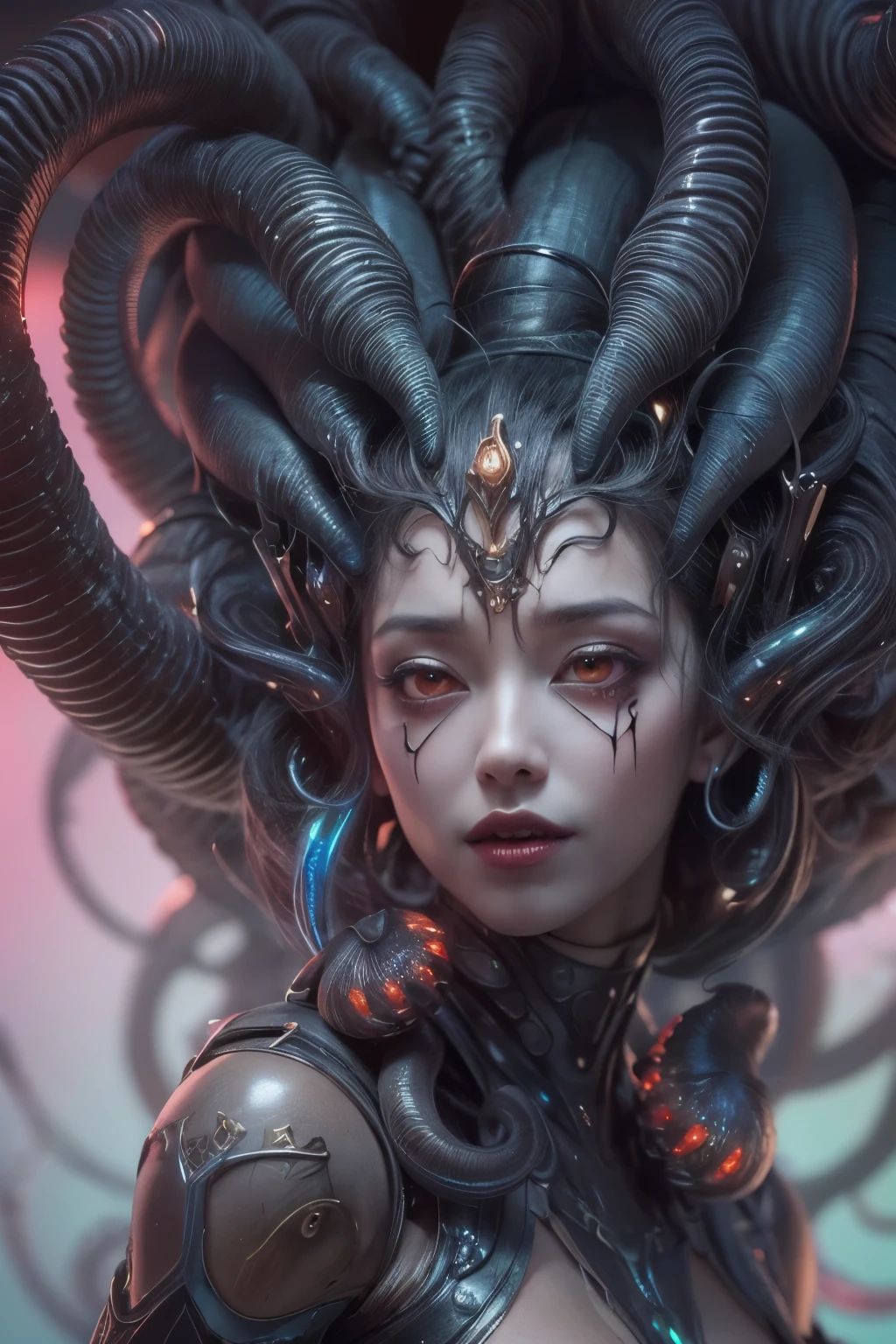 a completely white demonic creature, monster, large multicolored eyes, bald head, skull covered with small horns, (best quality,4k,8k,highres,masterpiece:1.2),ultra-detailed,(realistic,photorealistic,photo-realistic:1.37),HDR,UHD,studio lighting,ultra-fine painting,sharp focus,physically-based rendering,extreme detail description,professional,vivid colors,bokeh,dynamic point of view,cinematographic scene,highlighted character,backlight effects,mystical character,multicolored cracks on the skin,character seen in full