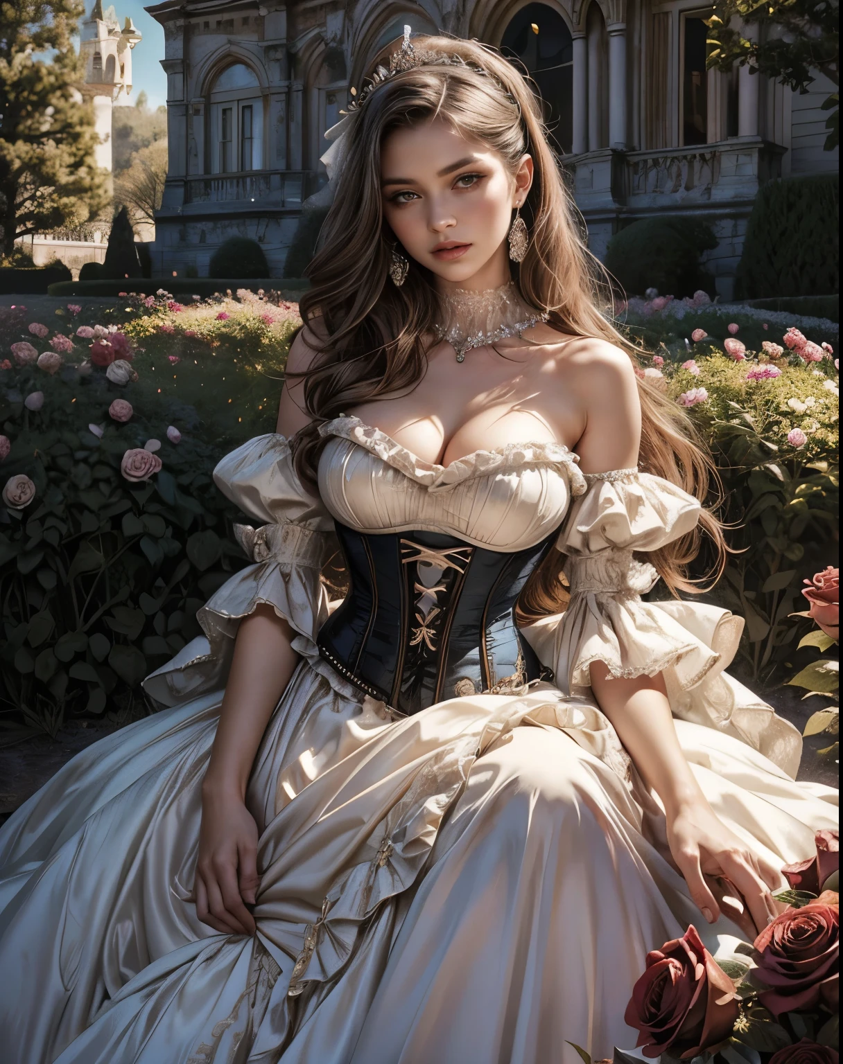 This is a masterpiece of realistic fantasy artwork, set in an enchanted rose garden within the castle's grandeur. A proud woman adorns the scene, dressed in the billowing folds of a majestic French silk ballgown. Her face is highly detailed and elegant, with realistic features, soft, puffy lips, and exquisitely shaped eyes. The ballgown is intricately designed, embellished with ruffles, sashes, and bows, a delicately hand-embroidered bodice, and a silk corset with ribbon details.
The woman's highly detailed face possesses a serene expression and expressive, beautifully shaped eyes featuring multiple