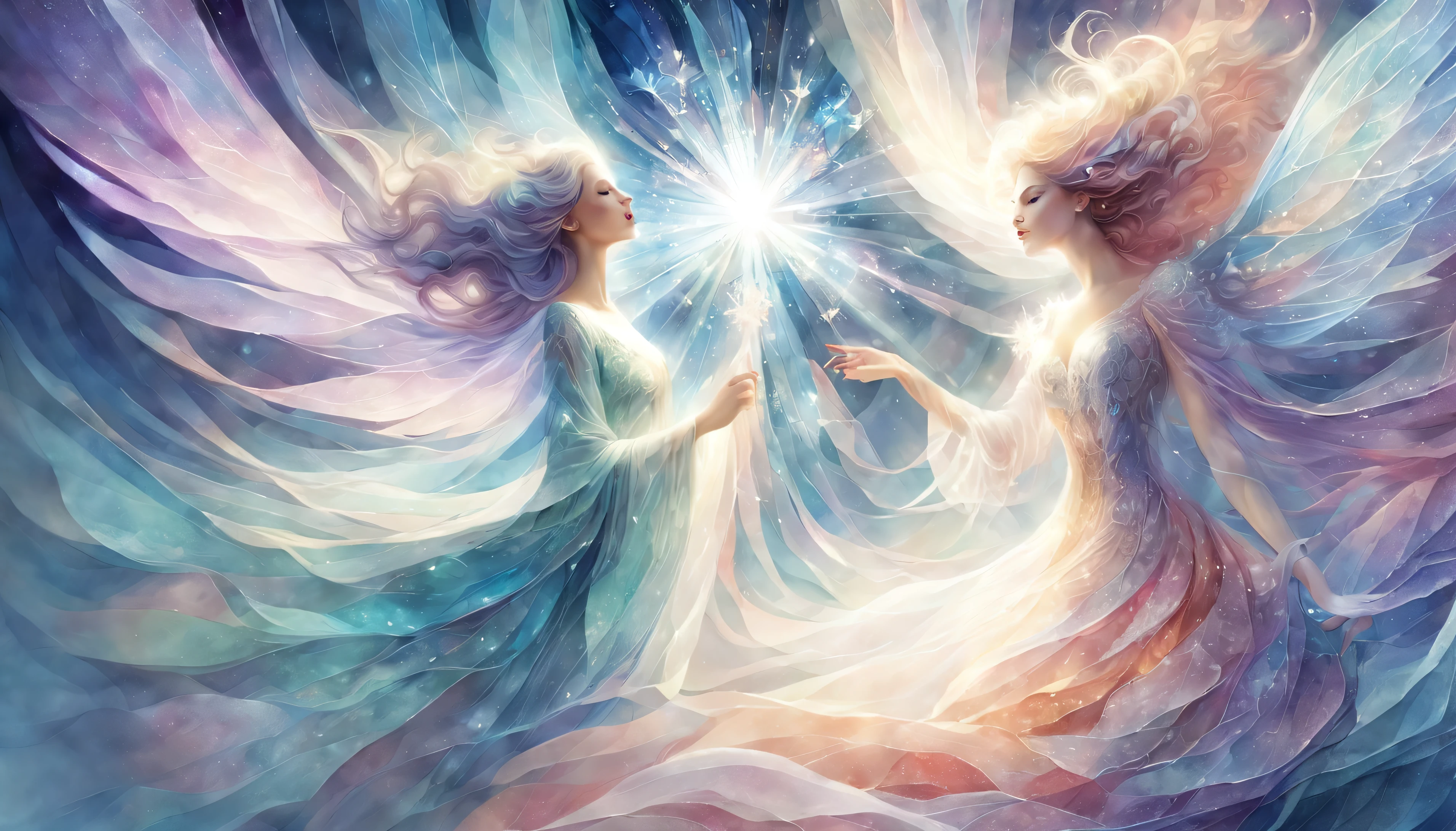 beautiful visual, delicate paint, great atmosphere, four beautiful women, illustration, watercolor style, art agnes cecil, natalia fabia, fly, artgerm, 8k, professional., Broken Glass effect, no background, stunning, something that even doesn't exist, mythical being, energy, molecular, textures, iridescent and luminescent scales, breathtaking beauty, pure perfection, divine presence, unforgettable, impressive, breathtaking beauty, Volumetric light, auras, rays, vivid colors reflects, deviant art