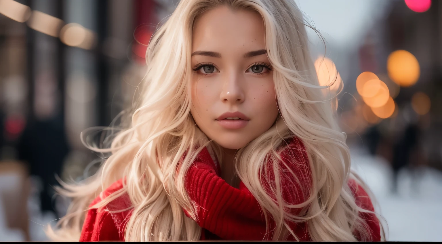 backlighting professional portrait photograph of a gorgeous Norwegian girl in winter clothing with long wavy white hair, sultry flirty look, freckles, gorgeous symmetrical face, cute natural makeup, wearing elegant red winter fashion clothing, standing outside in snowy city street