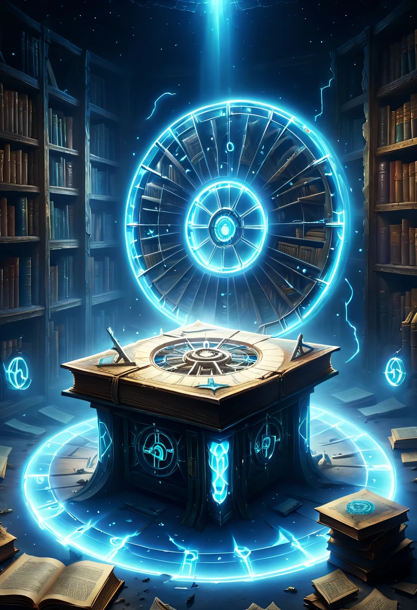Abandoned library,The surrounding bookshelves are crumbling,it'It's full of dusty books,Some old tools and broken documents are scattered on the ground,There is an ancient and mysterious space-time roulette hidden in the depths,The mottled alien text flashes with a faint blue light,A gust of wind blew through,Kick up dust,Blurred vision。Surrounded by dust and rotting books。The wheel is inlaid with obscure runes,it们在时间的侵蚀下变得模糊