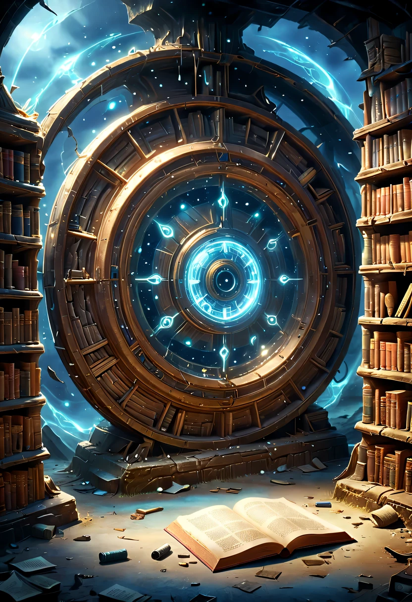 Abandoned library，The surrounding bookshelves are crumbling，it&#39;It&#39;s full of dusty books，Some old tools and broken documents are scattered on the ground，There is an ancient and mysterious space-time roulette hidden in the depths，The mottled alien text flashes with a faint blue light，A gust of wind blew through，Kick up dust，Blurred vision。Surrounded by dust and rotting books。The wheel is inlaid with obscure runes，it们在时间的侵蚀下变得模糊