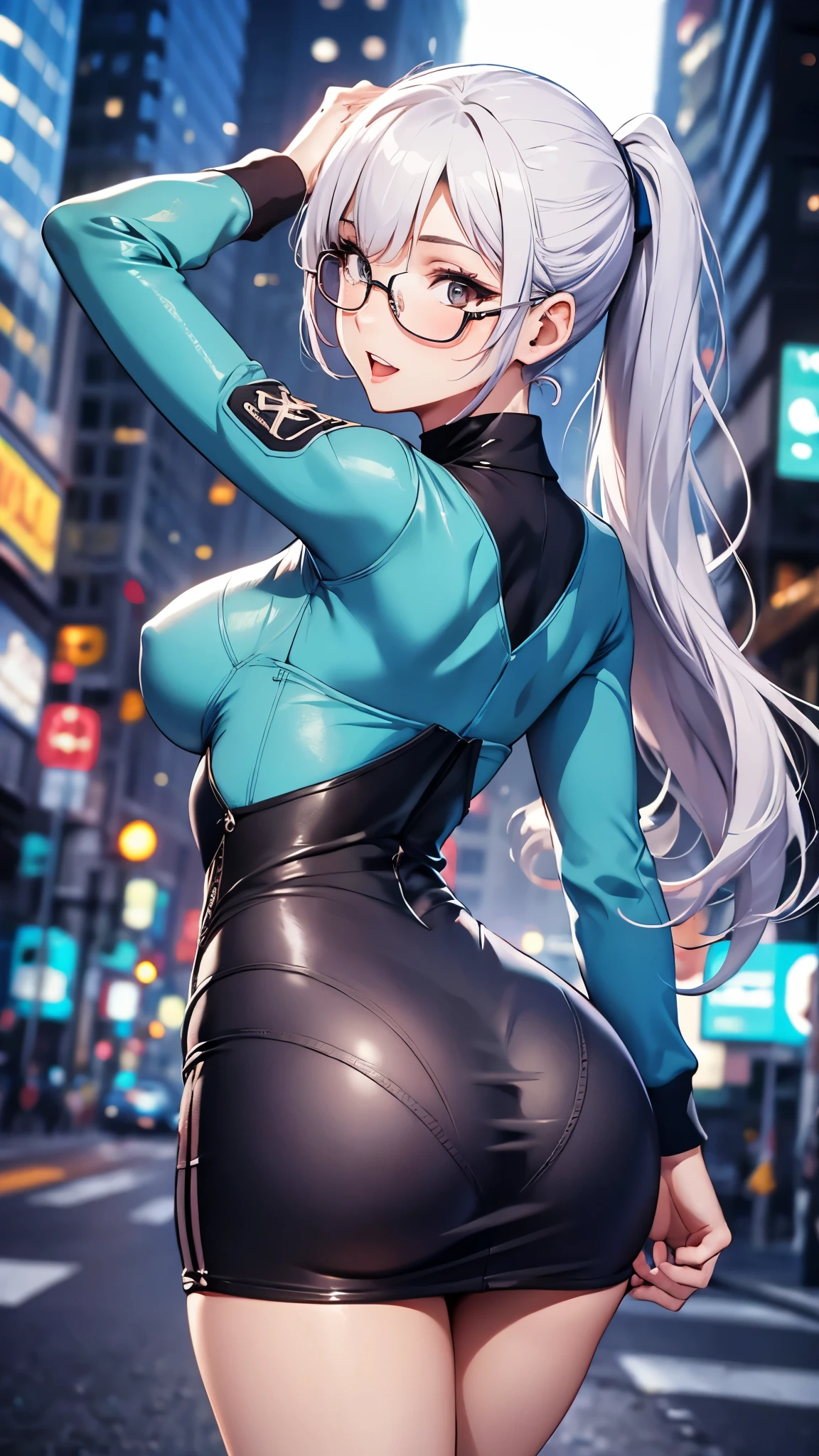 woman,25 years old,,city,night,(((white and blue tight miniskirt bodysuit))),,open mouth smile(())(glasses),((beautiful long ponytail)),(()),blush、surprised face,((())),((turn around and look back))wet with sweat