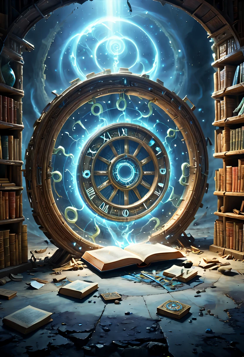 Abandoned library，The surrounding bookshelves are crumbling，it&#39;It&#39;s full of dusty books，Some old tools and broken documents are scattered on the ground，There is an ancient and mysterious space-time roulette hidden in the depths，The mottled alien text flashes with a faint blue light，A gust of wind blew through，Kick up dust，Blurred vision。Surrounded by dust and rotting books。The wheel is inlaid with obscure runes，it们在时间的侵蚀下变得模糊