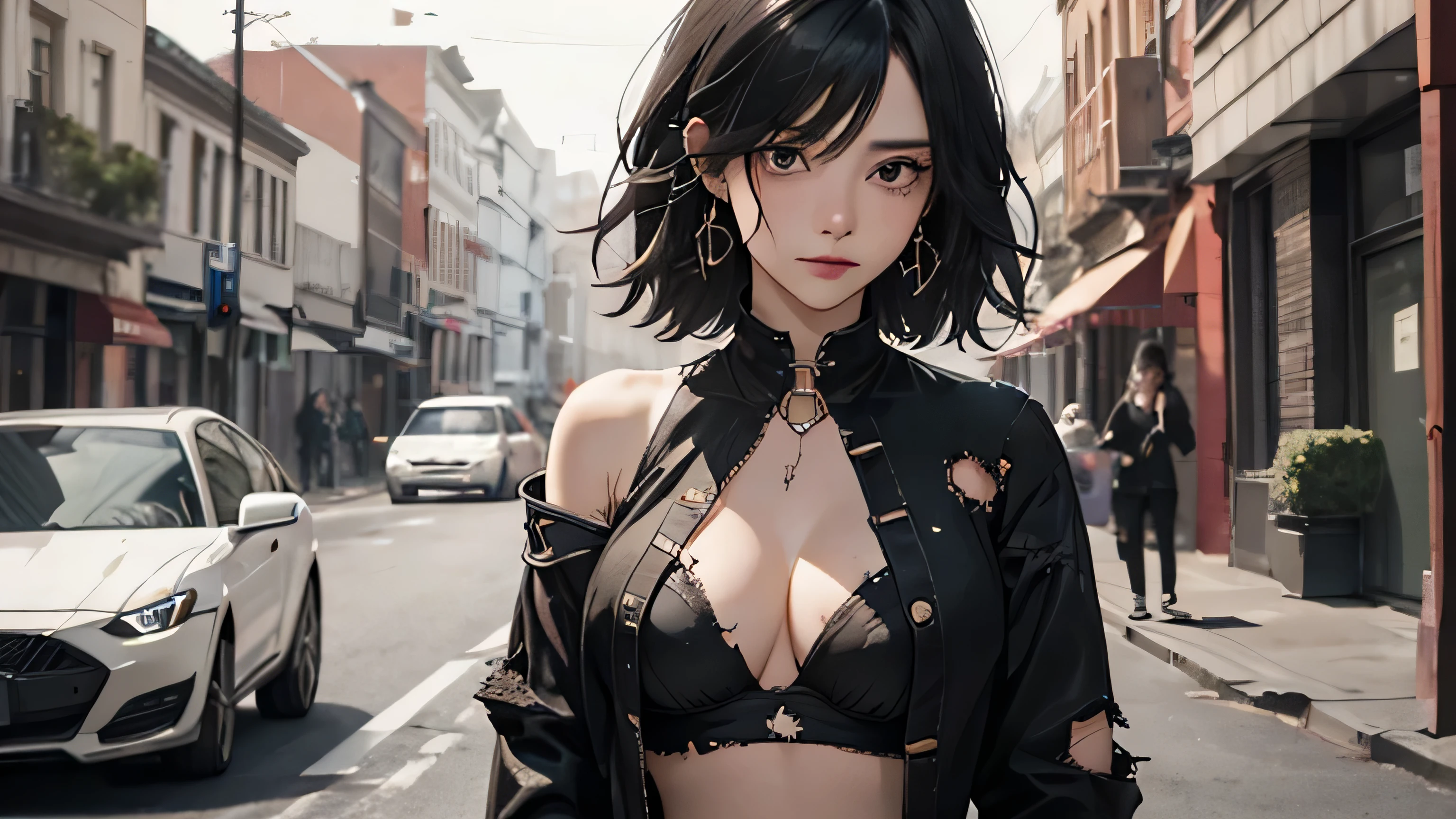 (((Highly detailed CG unit 8k wallpaper:1.2, masterpiece, High resolution:1.2, highest quality:1.2, table top))), ((20 year old unparalleled beauty, Toned belly button, tattered clothes:1.6)), ((highly detailed face, Highly detailed black eyes, extra detailed body, highest qualityのリアルテクスチャスキン)), (black haired:1.2, short bob hair:1.2, long haired person, white skin, tears:1.5), ((Alley without people, Mileland, Desolate battlefield:1.2, torture:1.9, Bleeding:1.2)), (high angle:1.4, close, Fisheye:1.2), surreal, digital paint,