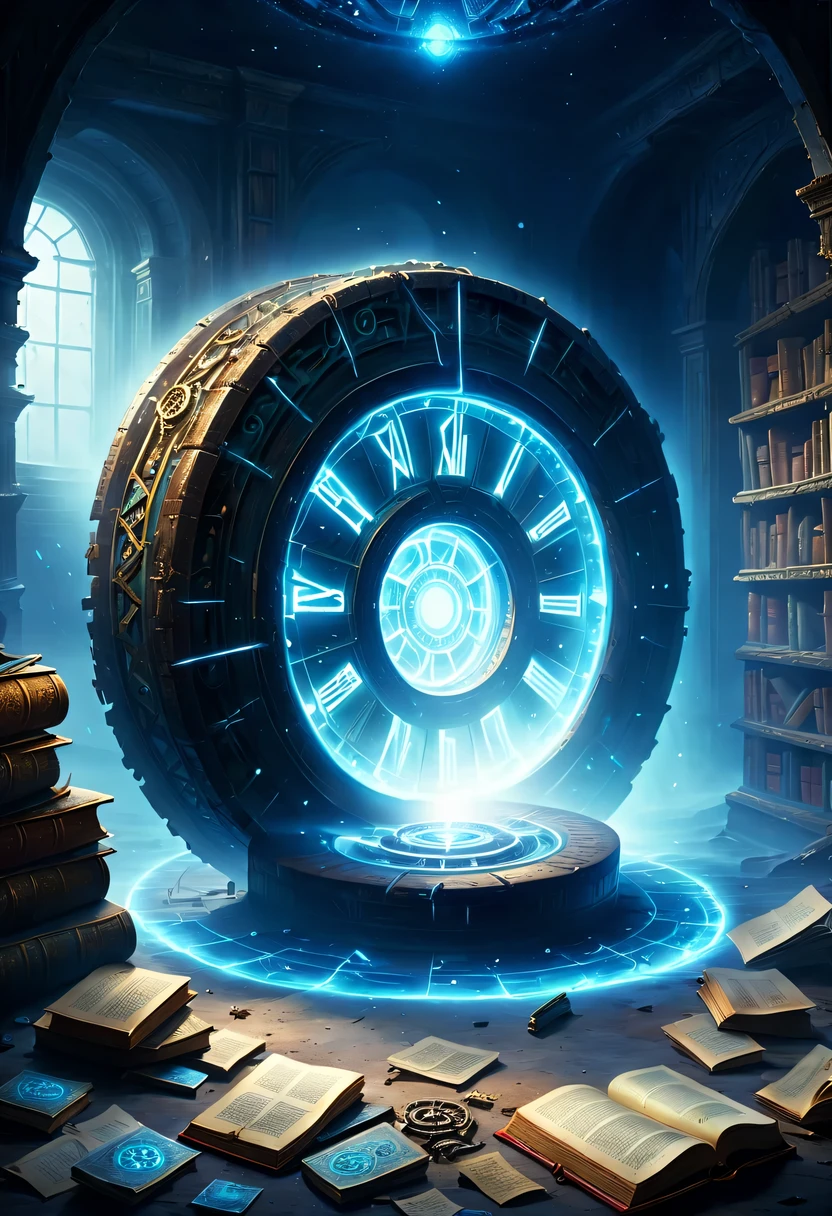 Abandoned library,The surrounding bookshelves are crumbling,it'It's full of dusty books,Some old tools and broken documents are scattered on the ground,There is an ancient and mysterious space-time roulette hidden in the depths,The mottled alien text flashes with a faint blue light,A gust of wind blew through,Kick up dust,Blurred vision。Surrounded by dust and rotting books。The wheel is inlaid with obscure runes,it们在时间的侵蚀下变得模糊
