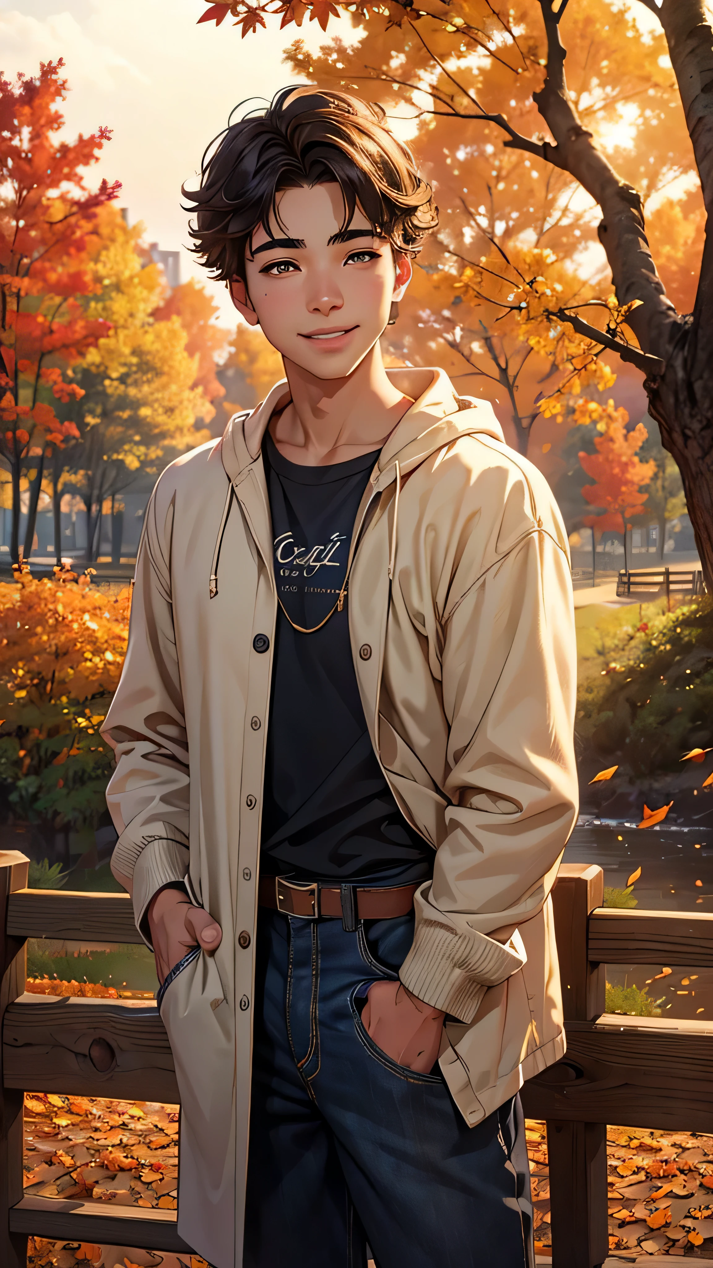 (best quality,4k,8k,highres,masterpiece:1.2),ultra-detailed,(realistic,photorealistic,photo-realistic:1.37),smiling,14-year-old male son,cinematic and beautiful,soft lighting,warm colors,portrait,beautiful detailed eyes,beautiful detailed lips,happy and joyful expression,young teenage boy,stylish clothes,leaning against a rustic wooden fence,faint sunlight filtering through the trees,subtle lens flare,soft focus background,colorful autumn leaves,calm and serene atmosphere,peaceful countryside scene.