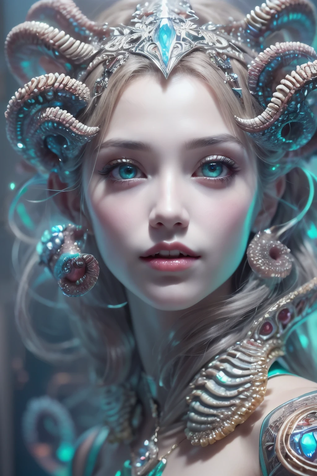 (A portrait of one beautiful and obscene female alien who is a young teenager:1.4), ((There is a female genital-like organ in the middle of her forehead:1.8)), (realistic face:1.2), (Numerous award-winning masterpieces, with incredible detail, textures and maximum detail), artistic photography, midnight aura, unreal engine 5, Ultra Sharp Focus, art by Amano Yoshitaka, ArtGerm, Roisch, intricate artwork, ultra realistic realism, high resolution, High freshness, drawing faithfully, official art, Unity 8K Wall paper, ultra detailed artistic photography, dream-like, Creation of fantasy, dream Snail, (biopunk nautilus:1.3),Thrilling color schemes, seductively smiling, Amazing mutation, well-proportioned body, goddess of the deep sea, fractal, Geometric pattern, impossible figures, (translucent white tentacles with luminescent organs:1.4), subtle emerald green accents, (smiling seductively:1.3),(She has the most beautiful face in the history of the universe:1.5), Penelope Cruz, (she is looking down at viewers with glowing iridescent eyes with no pupils:1.3), an evil gaze that seduces, cinematic lighting, (Vampire-like long canine teeth can be glimpsed through the gap between the cute lips:1.3), in the hall of the palace, Sweet breath is exhaling from beautiful lips, ecstatic expression