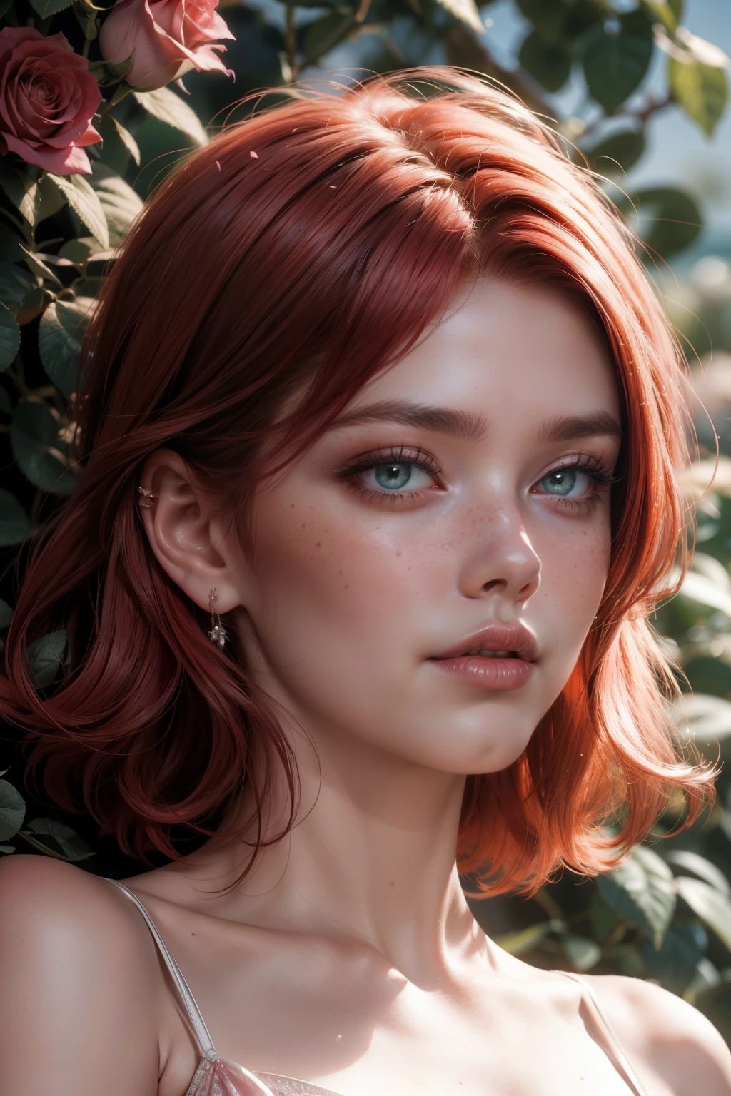 (Supremely Beautiful, 4K), Enchanting adult redhead, Side part hairstyle cascading down her shoulders, Dark green eyes sparkling with life, Surrounded by a sea of pink roses, Wearing a stunning, finely detailed fantasy dress, Ultra-realistic description, Delicate petals of the roses realistically rendered, Realistic skin texture with freckles and subtle blemishes, Intricately designed fabric texture, Breathtakingly detailed face with expressive features, Pink lipstick complementing her fiery hair.