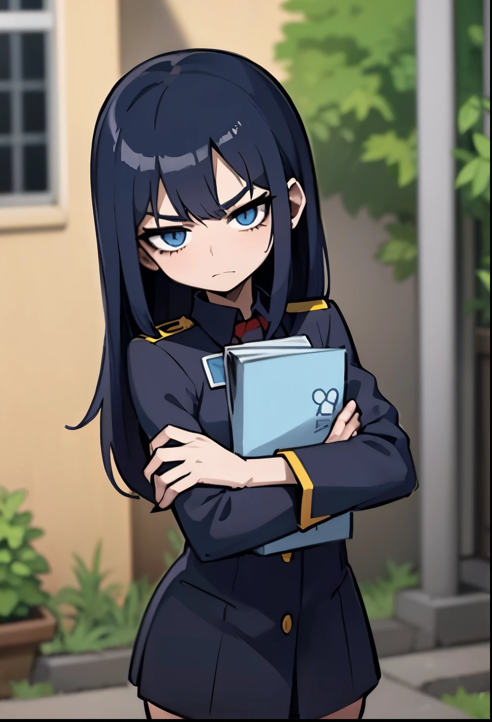 Anime image Anime girl rude expression with dark blue hair wearing a uniform standing in an alley with her hands wrapped in bandages