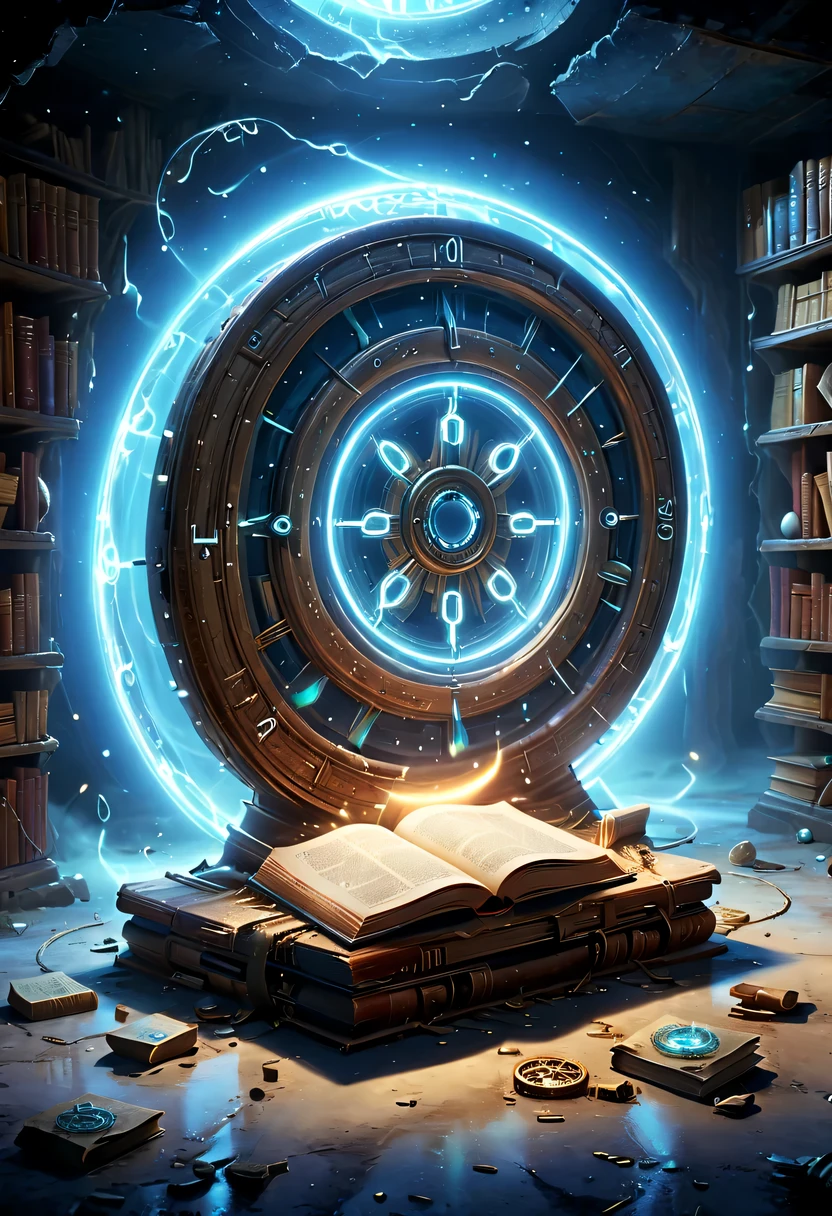 Abandoned library,The surrounding bookshelves are crumbling,it'It's full of dusty books,Some old tools and broken documents are scattered on the ground,There is an ancient and mysterious space-time roulette hidden in the depths,The mottled alien text flashes with a faint blue light,A gust of wind blew through,Kick up dust,Blurred vision。Surrounded by dust and rotting books。The wheel is inlaid with obscure runes,it们在时间的侵蚀下变得模糊