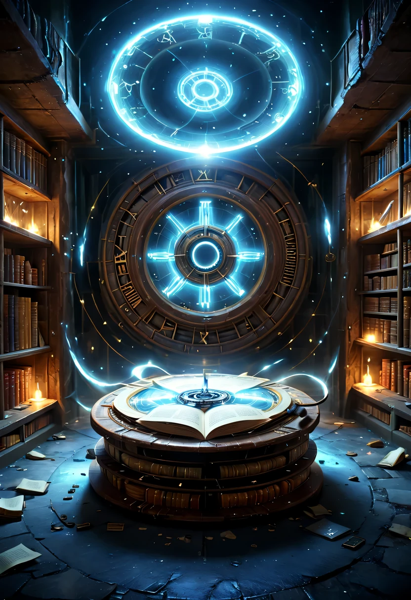 Abandoned library,The surrounding bookshelves are crumbling,it'It's full of dusty books,Some old tools and broken documents are scattered on the ground,There is an ancient and mysterious space-time roulette hidden in the depths,The mottled alien text flashes with a faint blue light,A gust of wind blew through,Kick up dust,Blurred vision。Surrounded by dust and rotting books。The wheel is inlaid with obscure runes,it们在时间的侵蚀下变得模糊