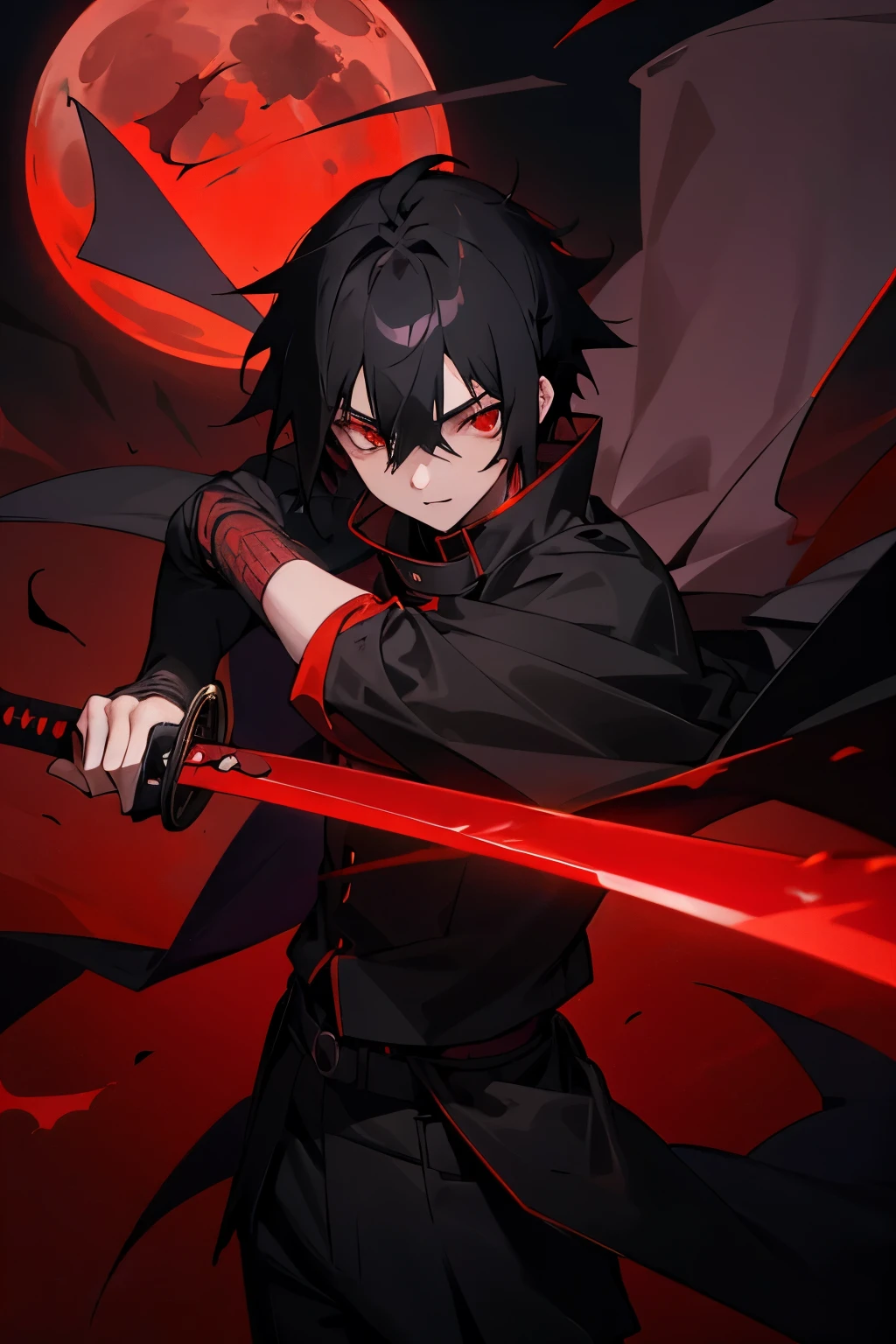 Male, young teen, red eyes, black and red yukata, Black Cape covering clothes, Katana, Vampire, Black Hair, Night background, Red Moon