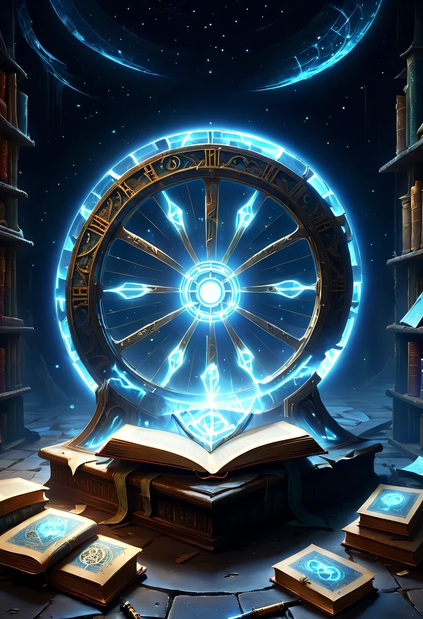 Abandoned library,The surrounding bookshelves are crumbling,it'It's full of dusty books,Some old tools and broken documents are scattered on the ground,There is an ancient and mysterious space-time roulette hidden in the depths,The mottled alien text flashes with a faint blue light,A gust of wind blew through,Kick up dust,Blurred vision。Surrounded by dust and rotting books。The wheel is inlaid with obscure runes,it们在时间的侵蚀下变得模糊