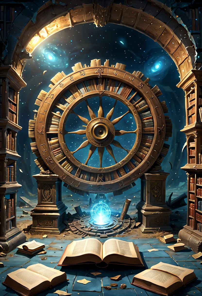 Abandoned library,The surrounding bookshelves are crumbling,it'It's full of dusty books,Some old tools and broken documents are scattered on the ground,There is an ancient and mysterious space-time roulette hidden in the depths,The mottled alien text flashes with a faint blue light,A gust of wind blew through,Kick up dust,Blurred vision。Surrounded by dust and rotting books。The wheel is inlaid with obscure runes,it们在时间的侵蚀下变得模糊