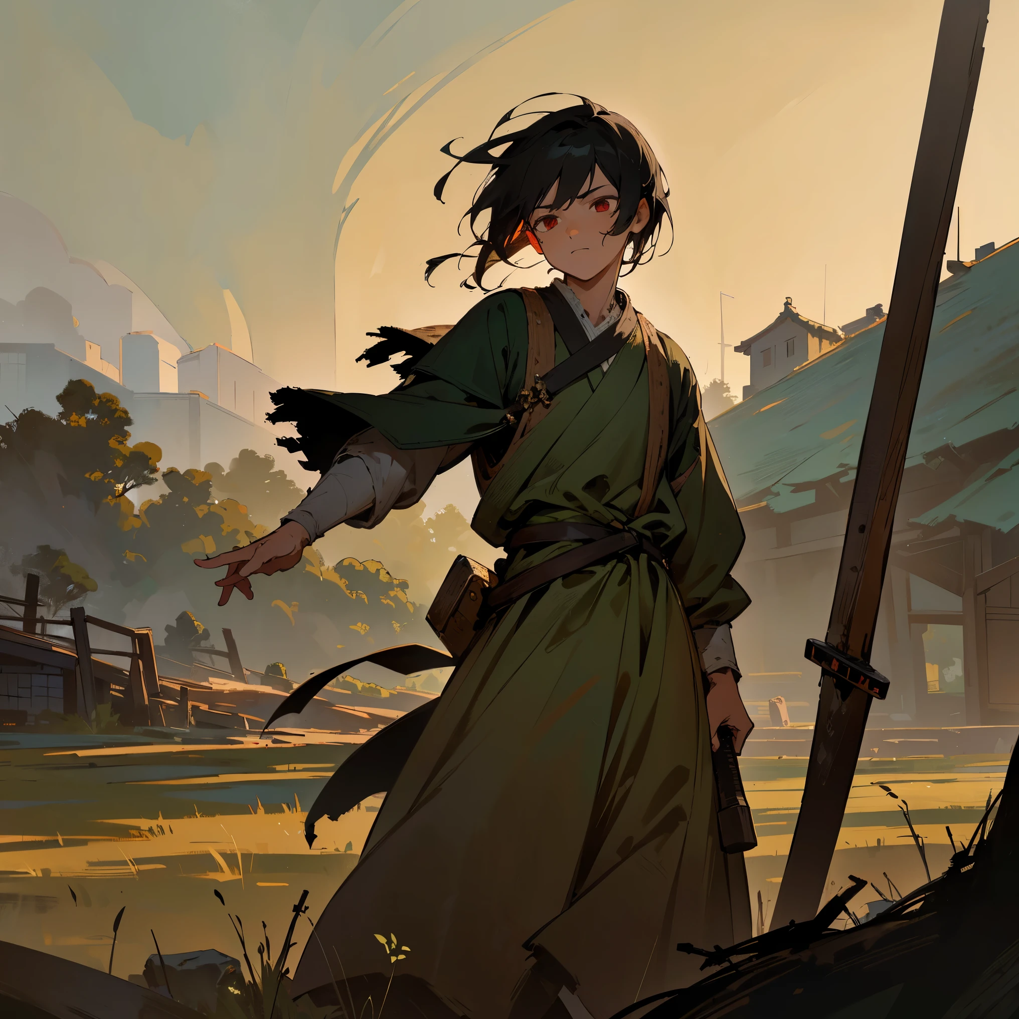 best quality,ultra-detailed,peasant clothing,village background,black hair,red eyes,sword on hip,somber expression,dramatic lighting,traditional painting style,earth tones,brown and green color scheme,hazy atmosphere,worn-out clothes,cracked soil,weathered buildings,peaceful countryside,calmness,quietude,1male