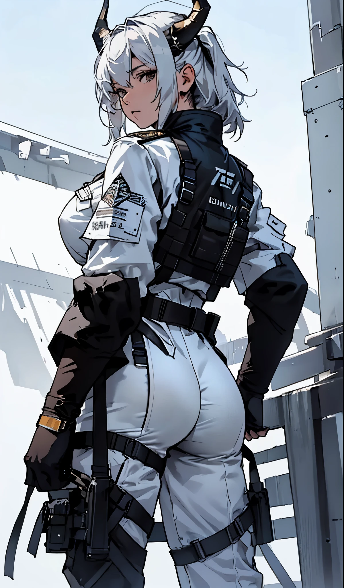 Ultra-detailed,high resolution,Ultra-detailed,Best quality,amazing,quality,Extremely detailed CG unified 8k wallpaper,pure white background,Single role,Draw a female character,Dragon female,24 years old female,Wearing a white military uniform,big breast , big ass,silver hair,Dragon horns