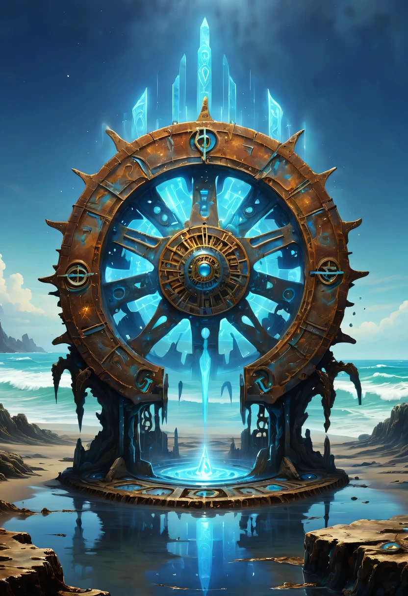 hyper detailed masterpiece, Dynamic, good quality,DonM0ccul7Ru57XL Magnificent Beach ,rust,mystery,一个古老而mystery时空轮盘隐藏深处,The wheel is inlaid with obscure runes,They become blurred by the erosion of time,The mottled alien text flashes with a faint blue light,