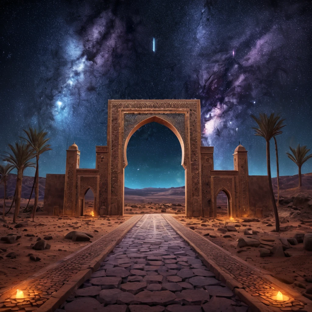 forgotten gateway of time and space, morocco, magical, starry sky, magical flashes coming from the door of the future and the past, ancestral morocco, technological, 3d crackle, we can see the future through the ancestral gateway