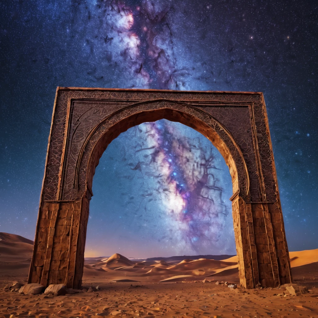 forgotten gateway of time and space, morocco, magical, starry sky, magical flashes coming from the gateway of the future and the past, ancestral morocco, technological, 3d crackle, we can see the future through the ancestral gateway
