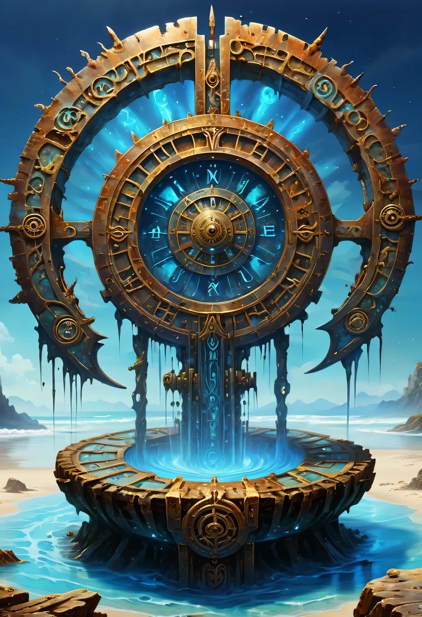 hyper detailed masterpiece, Dynamic, good quality,DonM0ccul7Ru57XL Magnificent Beach ,rust,mystery,一个古老而mystery时空轮盘隐藏深处,The wheel is inlaid with obscure runes,They become blurred by the erosion of time,The mottled alien text flashes with a faint blue light,