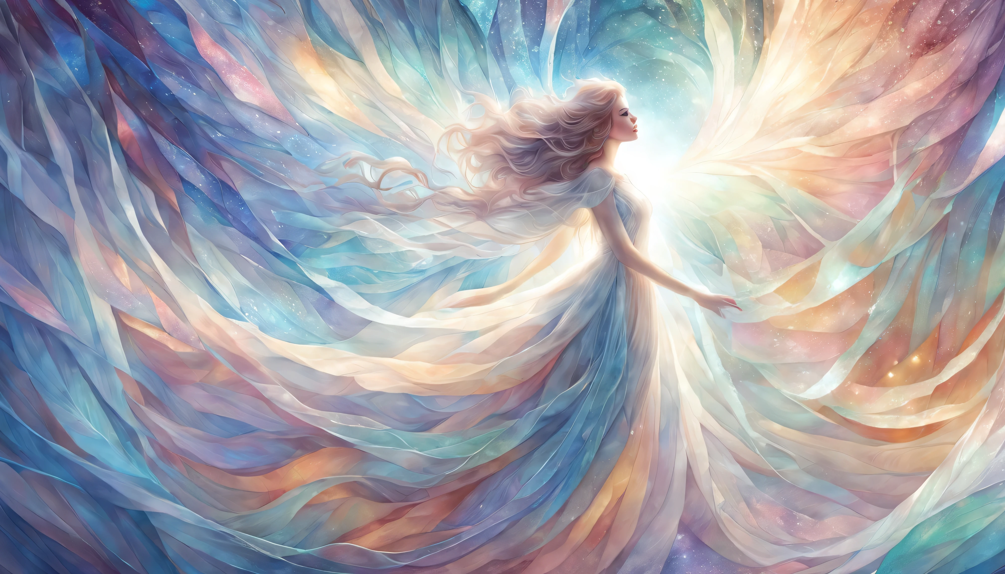 beautiful visual, delicate paint, great atmosphere, four beautiful women, illustration, watercolor style, art agnes cecil, natalia fabia, fly, artgerm, 8k, professional., Broken Glass effect, no background, stunning, something that even doesn't exist, mythical being, energy, molecular, textures, iridescent and luminescent scales, breathtaking beauty, pure perfection, divine presence, unforgettable, impressive, breathtaking beauty, Volumetric light, auras, rays, vivid colors reflects, deviant art