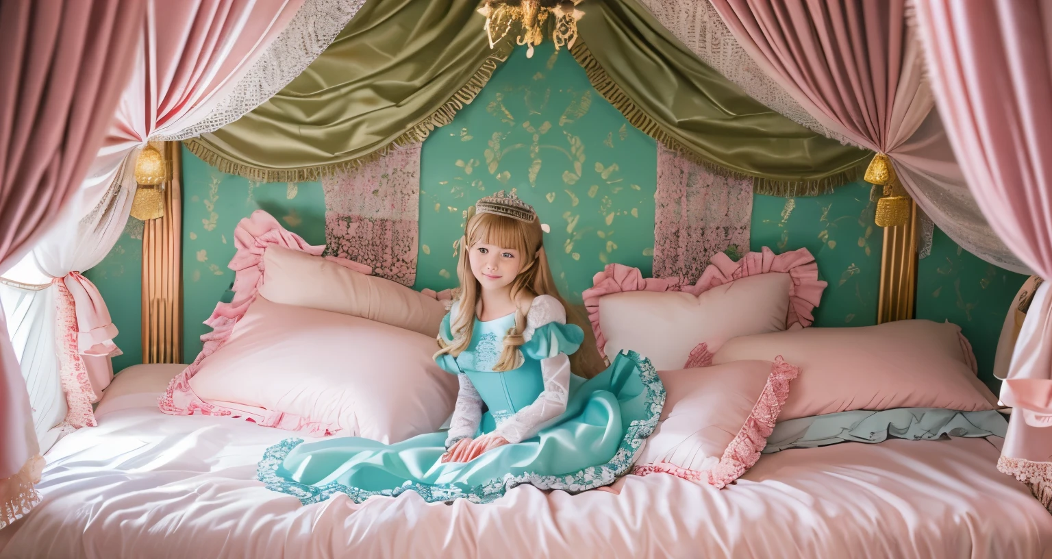 ,highest quality, masterpiece, highest resolution, artwork, super それにget used to it, many get used to it, get used to it, それにget used to it, 3K realistic photos,,(( When I )),Super detailed baby face,She isss,Full length ball gown dress with hoop skirt,ruffle yoke collar,puff sleeves,long sleeve,((Lolita style hot pink detailed princess satin dress、Comes with lots of frills and ribbons。)),colorful rococo fashion,shiny satin dress,Soft and smooth fabric,luxury,long blonde hair,blue eyes,white skin european,pajamas,((inside the palace)),,,(( When I was 10 years old)),Super ce,Full length ball gown dress witirt,long skirt,ruffle yoke collar,puff sleeves,腰まで伸びるlong blonde hair,blue eyes,white skin european,pajamas,((inside the palace bedroom)),ピンクのシルクサテンのluxuryなcanopy bedの上,canopy bed,luxurious curtains under the canopy,many frilly pillows on the bed,super detailed background,Detailed bed,romantic atmosphere,little princess is sitting on the bed,don't put your feet out to the side,