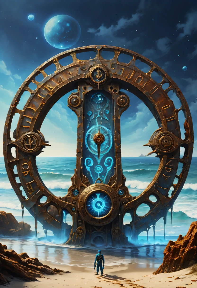 hyper detailed masterpiece, Dynamic, good quality,DonM0ccul7Ru57XL Magnificent Beach ,rust,mystery，一个古老而mystery时空轮盘隐藏深处，The wheel is inlaid with obscure runes，They become blurred by the erosion of time，The mottled alien text flashes with a faint blue light，