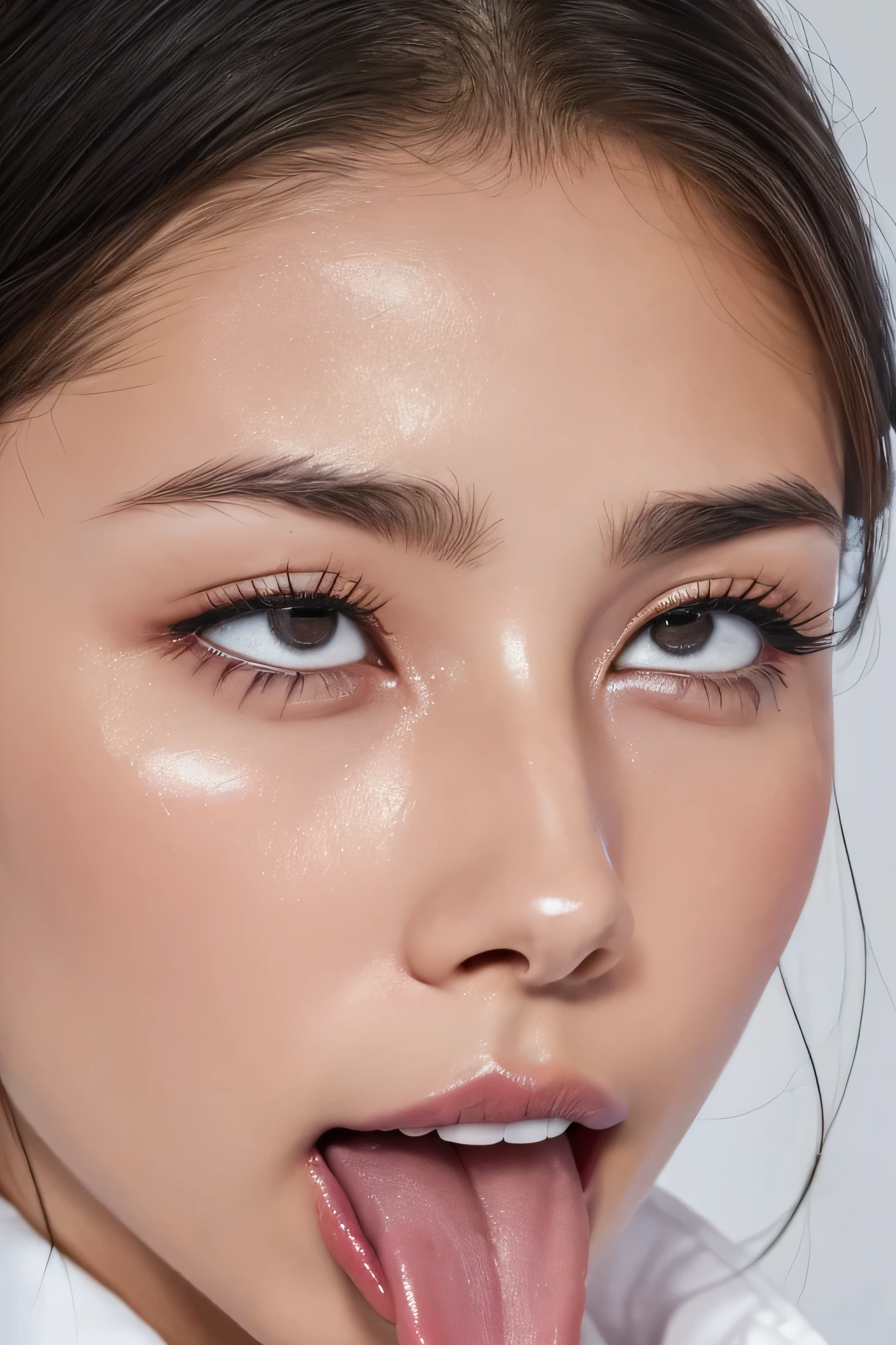 Taylor Hill、1 girl、((Highest photo quality、8K、masterpiece:1.3))、eye、nose、focus on the mouth、close up focus on face))、口を開けてeyeを閉じた女性、35 years old、black hair、しわeye:1.1、symmetrical face、リアルなnose孔、from belowのアングル、細長いC字型のnose孔NSFW、sweaty skin、Lighting that emphasizes the skin that shines with sweat、((鋭いnose))Skin shiny with sweat、shiny skin、sweaty hair、上eye使い、(wrinkles between eyebrows))(cum on tongue)Lighting that does not cast shadows on your face、from below、(white collared shirt)long tongue、drooling.((drool dripping from the tongue、saliva drips from the tongue))、(((Drool bubbles remain on the tongue、)))(drooling:1.5)