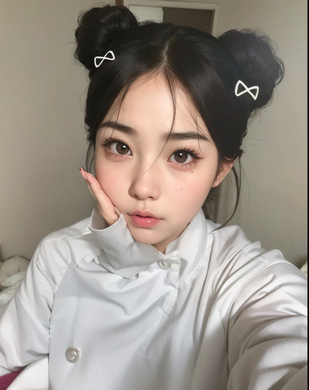 there is a woman with a bow on her head, ulzzang, lindos ojos redondos rasgados, pale korean adorable face, muchacha coreana, joven y adorable rostro coreano, retrato realista kawaii, Grandes ojos redondos lindos, linda cara de anime natural, rasgos de la cara coreana, cara linda redonda, grandes ojos redondos, cara linda y clara, small heart shaped face, linda chica kawaii