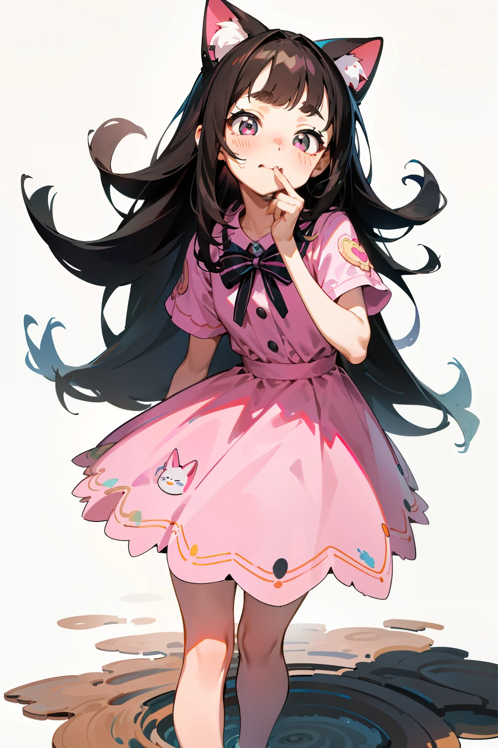 One girl with adorable realcat stickers in her long, dark hair stands embarrassed in front of a white background. With her pink dress and blushing cheeks, she tries to keep her mouth shut as she contours her body to hide an unexpected accident - a small puddle forming on the ground beneath her mini skirt. The vector art style adds intricate details to her fine skin and expressive kawaii facial features. Despite the awkward situation, her  frame exudes a quiet cuteness that is impossible to ignore.
