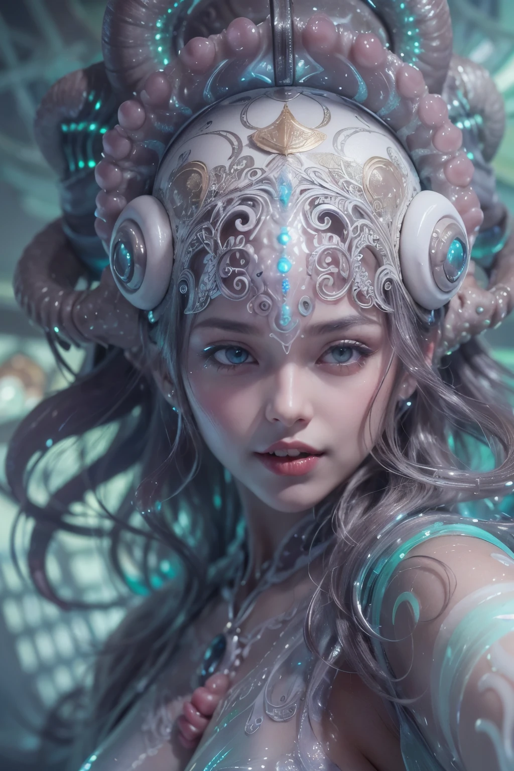 (A portrait of one beautiful and obscene female alien who is a young ager:1.4), ((There is a female genital-like organ in the middle of her forehead:1.8)), (realistic face:1.2), (Numerous award-winning masterpieces, with incredible detail, textures and maximum detail), artistic photography, midnight aura, unreal engine 5, Ultra Sharp Focus, art by Amano Yoshitaka, ArtGerm, Roisch, intricate artwork, ultra realistic realism, high resolution, High freshness, drawing faithfully, official art, Unity 8K Wall paper, ultra detailed artistic photography, dream-like, Creation of fantasy, dream Snail, (biopunk nautilus:1.3),Thrilling color schemes, seductively smiling, Amazing mutation, well-proportioned body, goddess of the deep sea, fractal, Geometric pattern, impossible figures, (translucent white tentacles with luminescent organs:1.4), subtle emerald green accents, (smiling seductively:1.3),(She has the most beautiful face in the history of the universe:1.5), Penelope Cruz, (she is looking down at viewers with glowing iridescent eyes with no pupils:1.3), an evil gaze that seduces, cinematic lighting, (Vampire-like long canine teeth can be glimpsed through the gap between the cute lips:1.3), in the hall of the palace, Sweet breath is exhaling from beautiful lips, ecstatic expression