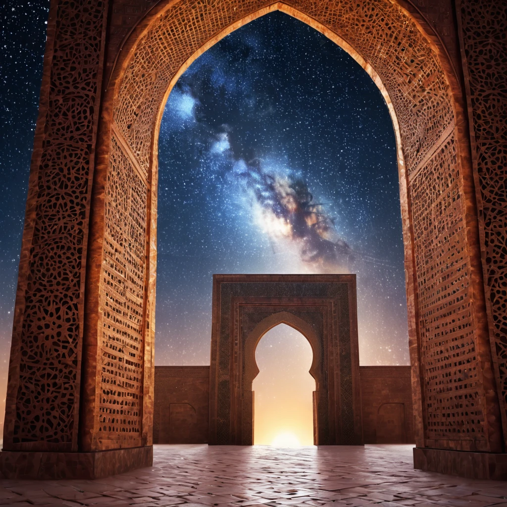 forgotten gateway of time and space, morocco, magical, starry sky, magical flashes coming from the gateway of the future and the past, ancestral morocco, technological, 3d crackle, we can see the a sunny day through the ancestral gateway,
