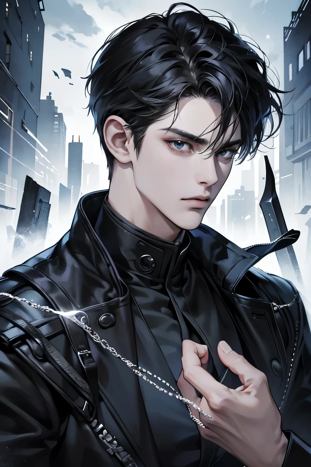 A close up of a person in a leather jacket holding a knife - SeaArt AI