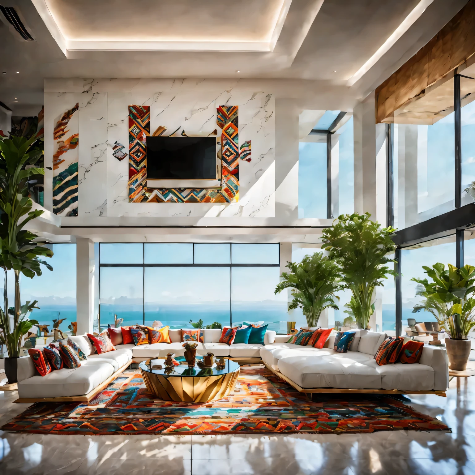 full of lights,luxurious,futuristic living room in tribal style,Modern décor,bright colors,Geometric patterns,and stylish furniture,Central glass coffee table with metal accents, 周围是luxurious的白色沙发,Metal walls decorated with tribal patterns, ambientlighting, Navajo rug,Floor-to-ceiling windows offer panoramic ocean views..,Emphasis on the contrast between traditional tribal elements and modern technological advancements，open concept living space,The room is spacious and airy,Floor mirrors,elegant marble floor,cascading indoor plants,Smart home technology,Artificial intelligence assistant,theater system,Modern art installation,abstract paintings,An eye-catching color palette,A mix of warm and cool colors,Dynamic lighting effects,ambientlighting.(best quality,4K,high resolution,masterpiece:1.2),super detailed,(actual,photoactual,photo-actual:1.37)