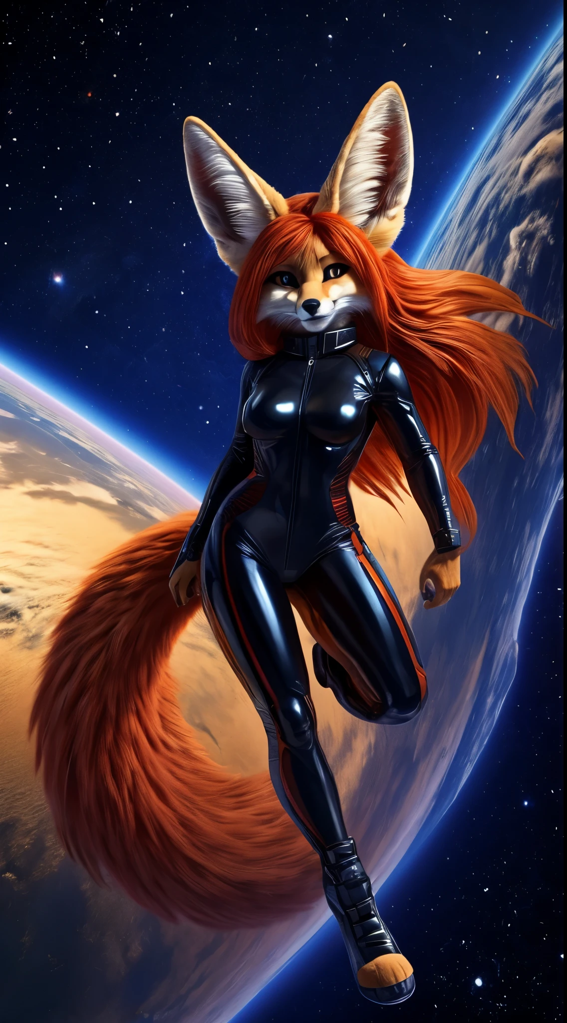 red female fennec fox, red fur, long orange hair, medium breasts, black leather bodysuit, floating in space