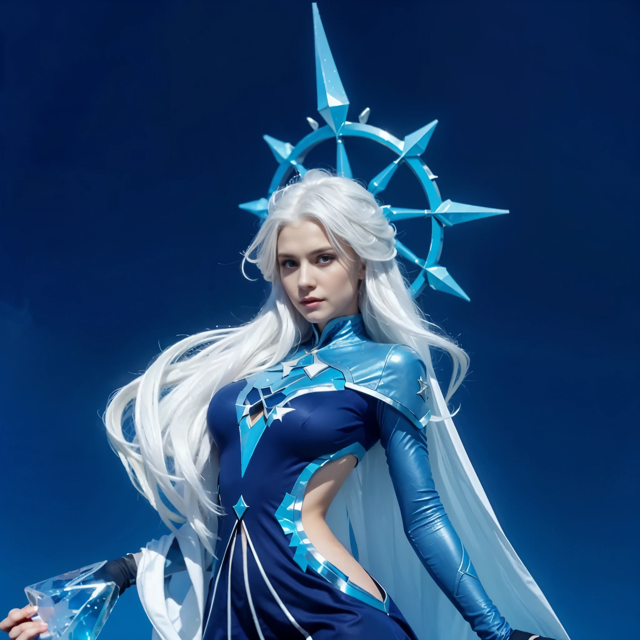 a woman in a blue dress with a star on her head, A woman with long white hair, long white hair covering her body, women with big breast, huge breast, huge , ice sorceress, queen of ice and storm, ice mage, ice queen, beautiful celestial mage, white haired, beautiful ancient frost witch, goddess of winter, queen of winter, Ultra Detailing, Ultra Hd, Ultra Realistic, Hyper Realistic, 8k, 4k ultra hd.