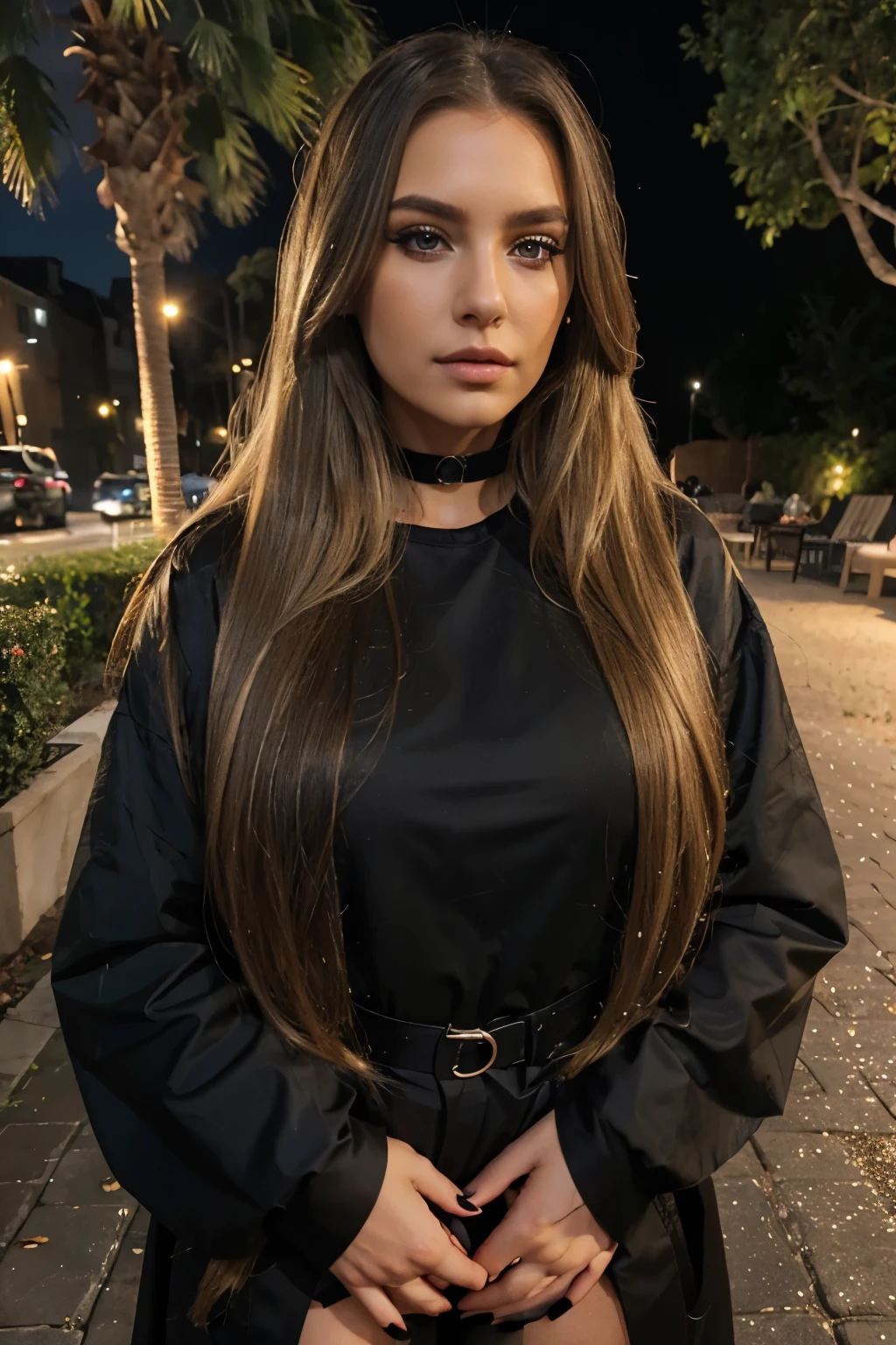 Full body Photo of european woman, photorealistic, high quality, beautiful face, blonde balayage hair, long straight hair, heavy make up, tanned skin, gigantic black nails, black smokey eyeshadows, outdoor